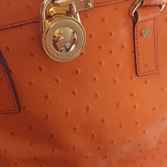 MICHAEL KORS Orange Hamilton Ostrich Embossed Leather Satchel Handbag, Rare. EUC - Picture 4 of 4